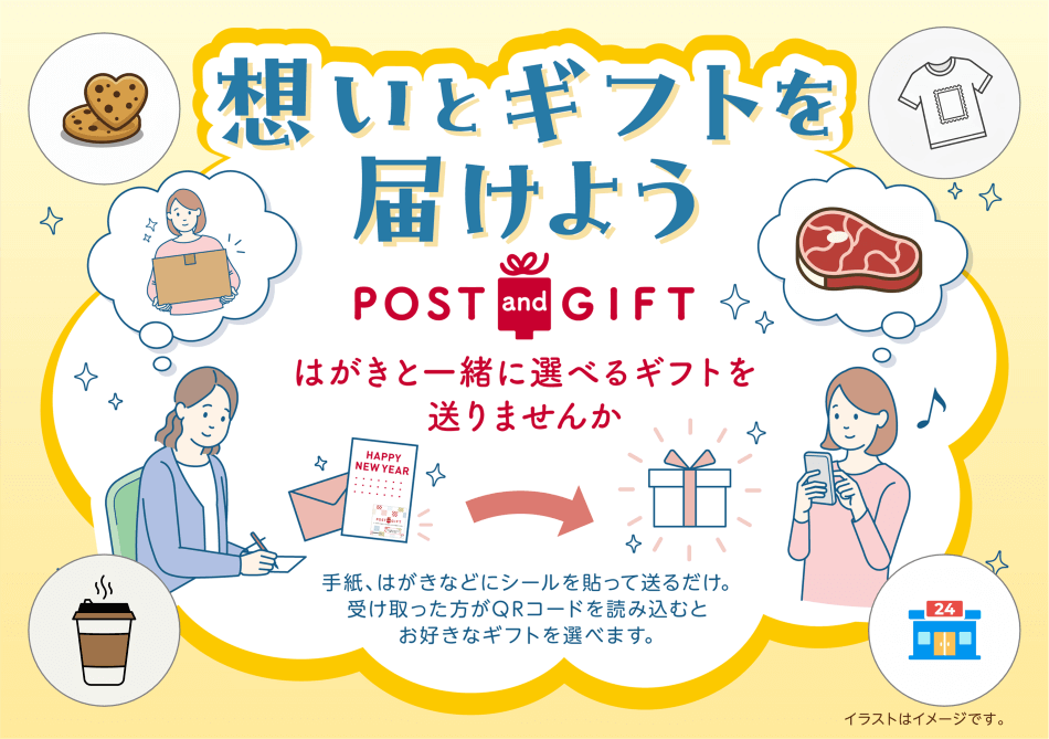 想いとギフトを届けよう　POST and GIFT　はがきと一緒に選べるギフトを送りませんか　手紙、はがきなどにシールを貼って送るだけ。受け取った方がQRコードを読み込むとお好きなギフトを選べます。