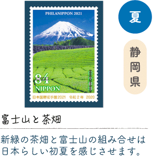 夏 静岡県「富士山と茶畑」新緑の茶畑と富士山の組み合せは日本らしい初夏を感じさせます。