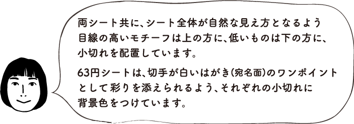 両シート共に、シート全体が自然な見え方となるよう目線の高いモチーフは上の方に、低いものは下の方に、小切れを配置しています。63円シートは、切手が白いはがき（宛名面）のワンポイントとして彩りを添えられるよう、それぞれの小切れに背景色をつけています。