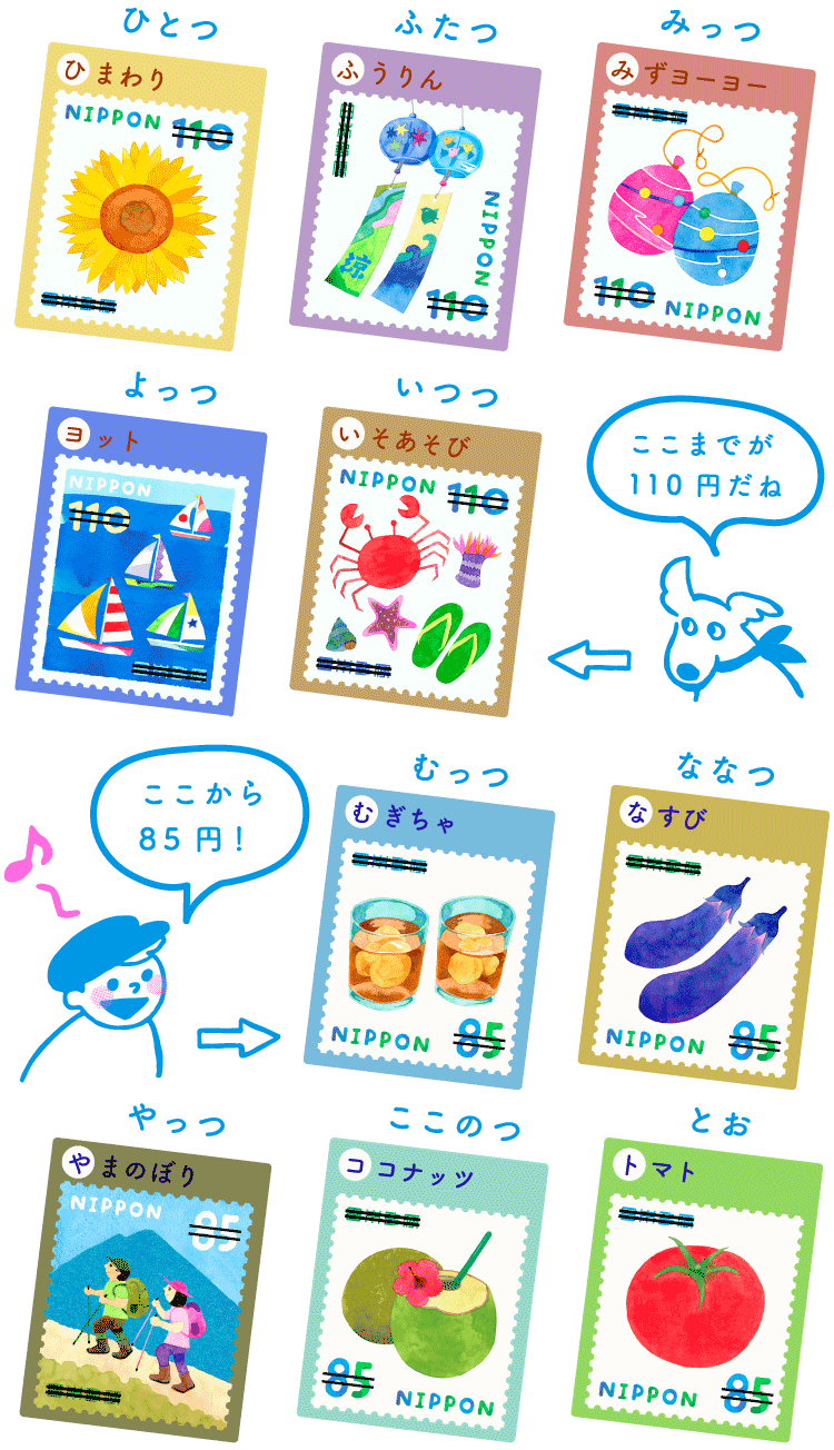 110円：ひとつ「ひまわり」、ふたつ「ふうりん」、みっつ「みずヨーヨー」、よっつ「ヨット」、いつつ「いそあそび」　85円：むっつ「むぎちゃ」、ななつ「なすび」、やっつ「やまのぼり」、ここのつ「ココナッツ」、とお「トマト」