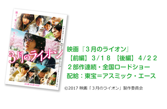映画『３月のライオン』 【前編】３/１８ 【後編】４/２２２部作連続・全国ロードショー配給：東宝＝アスミック・エース &copy;2017 映画「３月のライオン」製作委員会