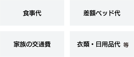 食事代、差額ベッド代、家族の交通費、衣類・日用品代