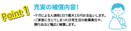 Point1 充実の補償内容！　・ケガによる入通院1日で最大1万円お支払いします。・ご家族に生じてしまった日常生活の賠償責任や、携行品など幅広く補償します。