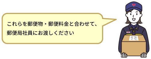 これらを郵便物・郵便料金と合わせて、郵便局社員にお渡しください