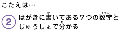 こたえは…　2.はがきに書いてある7つの数字とじゅうしょで分かる