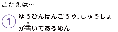 こたえは…　1.ゆうびんばんごうや、じゅうしょが書いてあるめん
