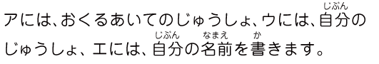 アにはおくるあいてのじゅうしょ、ウには、自分のじゅうしょ、エには、自分の名前を書きます。