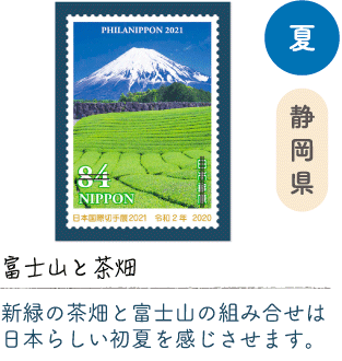 夏　静岡県「富士山と茶畑」新緑の茶畑と富士山の組み合せは日本らしい初夏を感じさせます。