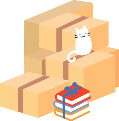 ダンボールの荷物と猫のイラスト画像