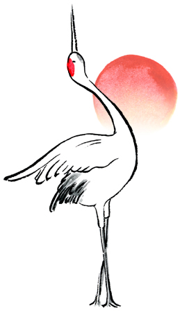 初日の出と鶴のイラスト画像