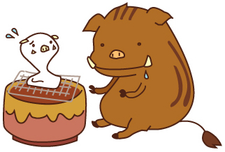 お餅を焼くイノシシのイラスト画像