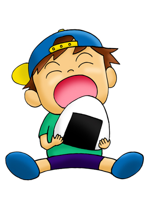 遠足でおにぎりを食べる男の子のイラスト画像