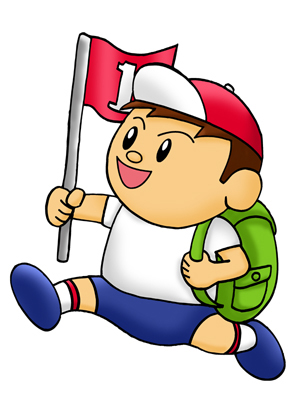 遠足で旗を持つ男の子のイラスト画像