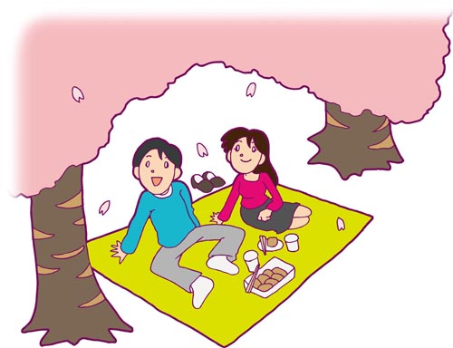 お花見をする男女のイラスト画像