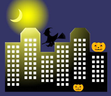 ハロウィンと夜の町並みのイラスト画像