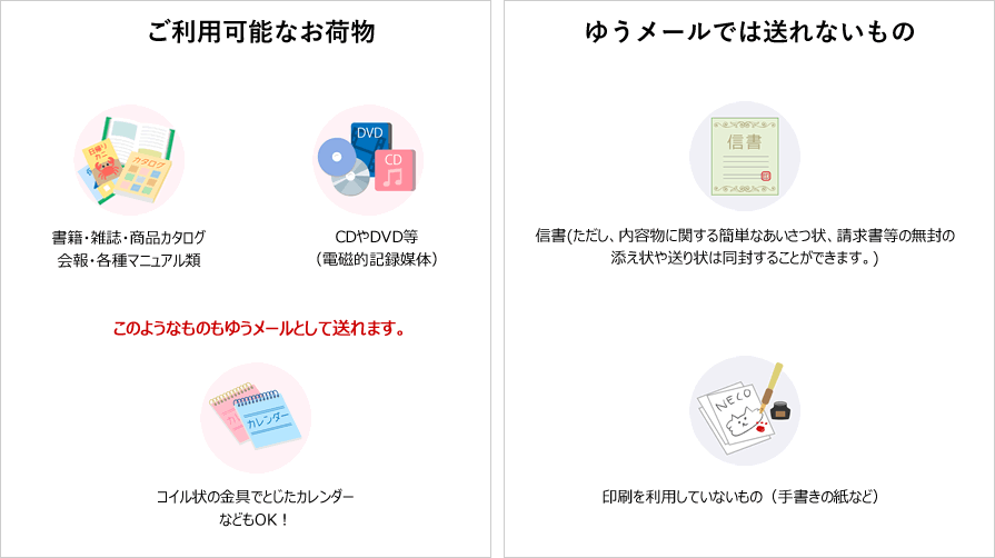 ご利用可能なお荷物「書籍・雑誌・商品カタログ・解放・各種マニュアル類」「CDやDVD等（電磁的記録媒体）　このようなものもゆうメールとして送れます。「コイル状の金具でとじたカレンダーなどもOK！」/ゆうメールでは送れないもの「信書（ただし、内容物に関する簡単なあいさつ状、請求書等の無封の添え状や送り状は同封することができます。）」「印刷を利用していないもの（手書きの紙など）」