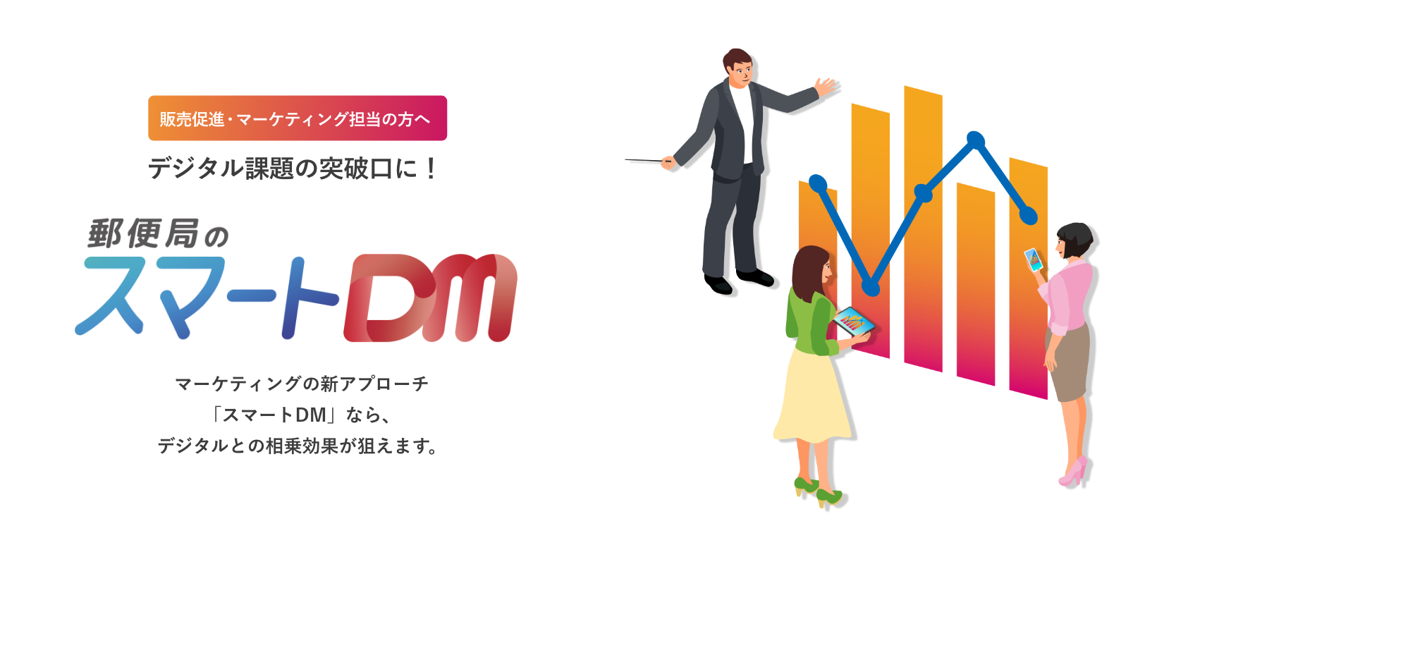販売促進・マーケティング担当の方へデジタル課題の突破口に！郵便局のスマートDMマーケティングの新アプローチ「スマートDM」なら、デジタルとの相乗効果が狙えます。